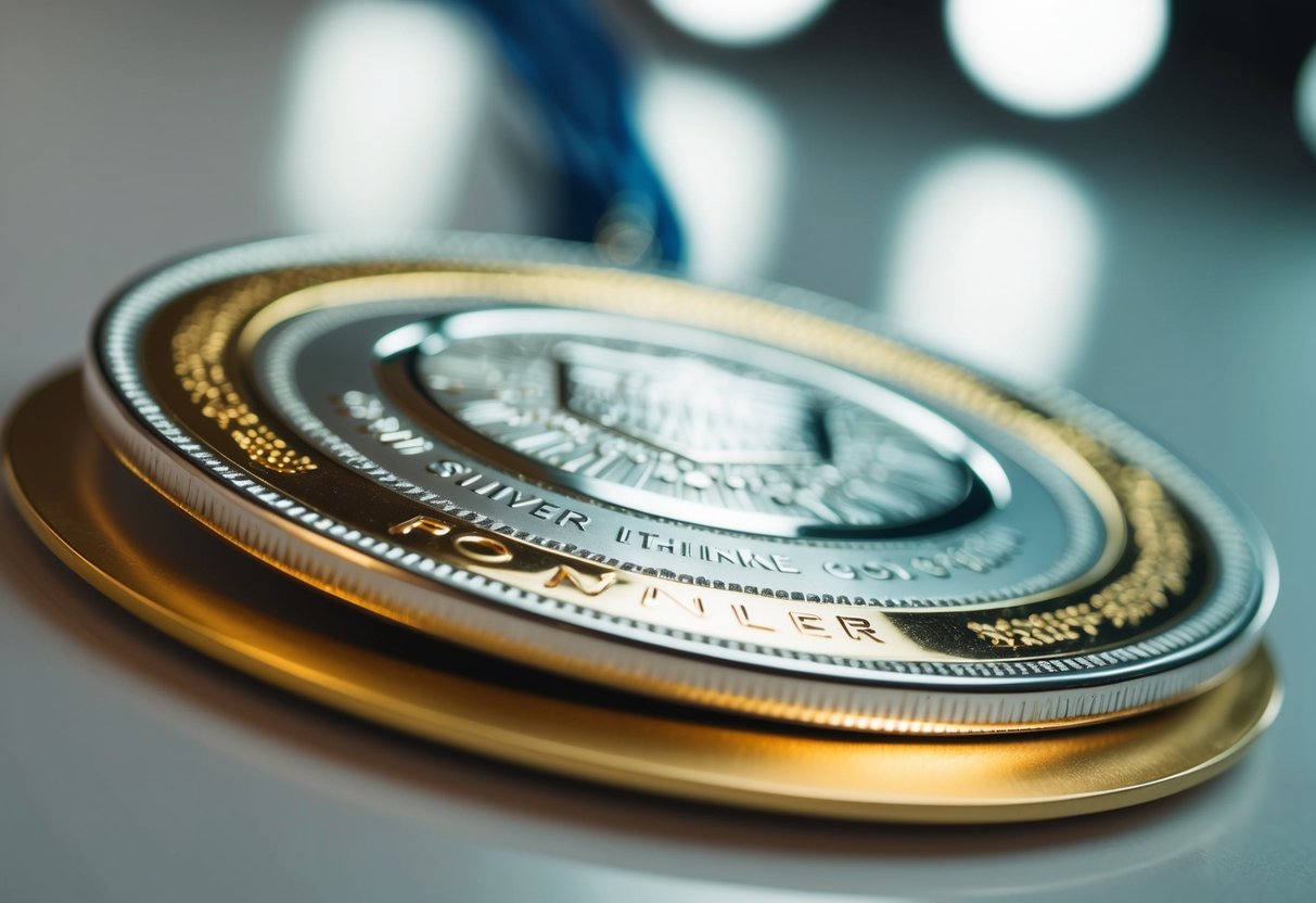 A silver medal with a thin layer of gold shines under bright lights