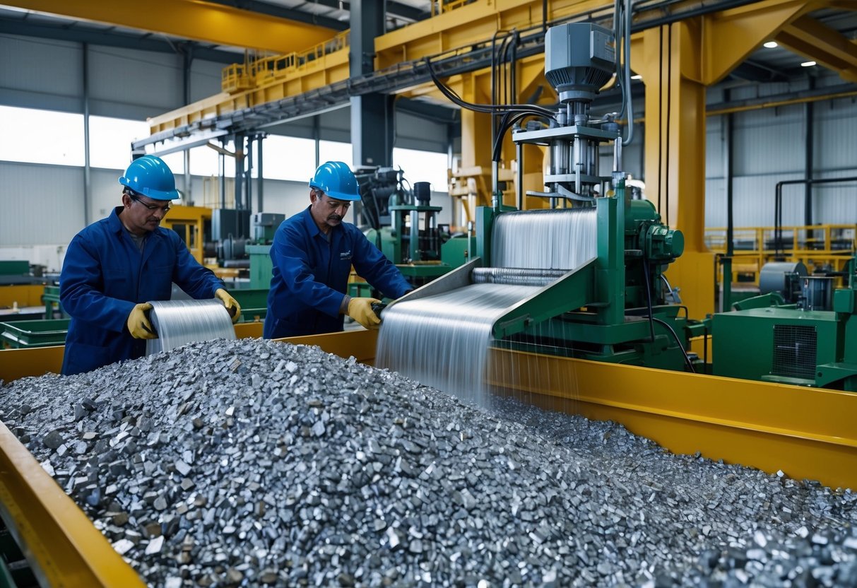 Silver being extracted from ore in a modern industrial setting. Machinery and workers processing raw material into refined silver for solar panel production