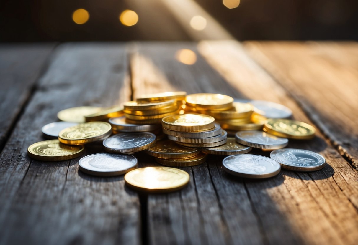 A pile of shimmering gold and silver coins scattered on a rustic wooden table. A beam of sunlight highlights the precious metals, casting a warm glow