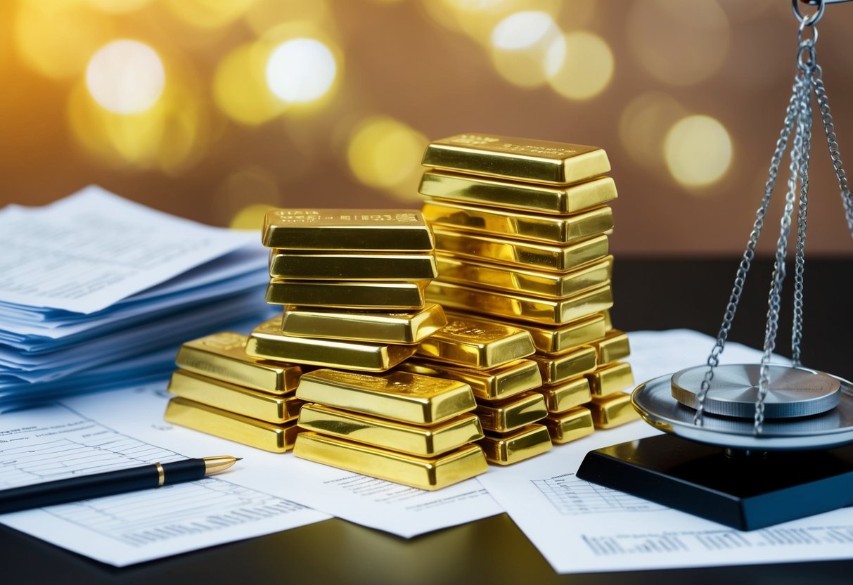 A stack of gold bars surrounded by financial documents and a scale, symbolizing the importance of gold in the context of Basel III Bank Accords