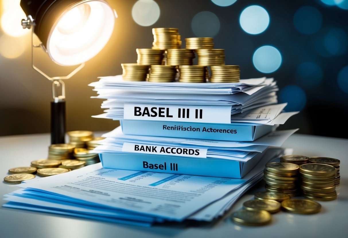 A stack of financial documents surrounded by gold bars and coins, with a spotlight highlighting the words "Basel III Bank Accords."