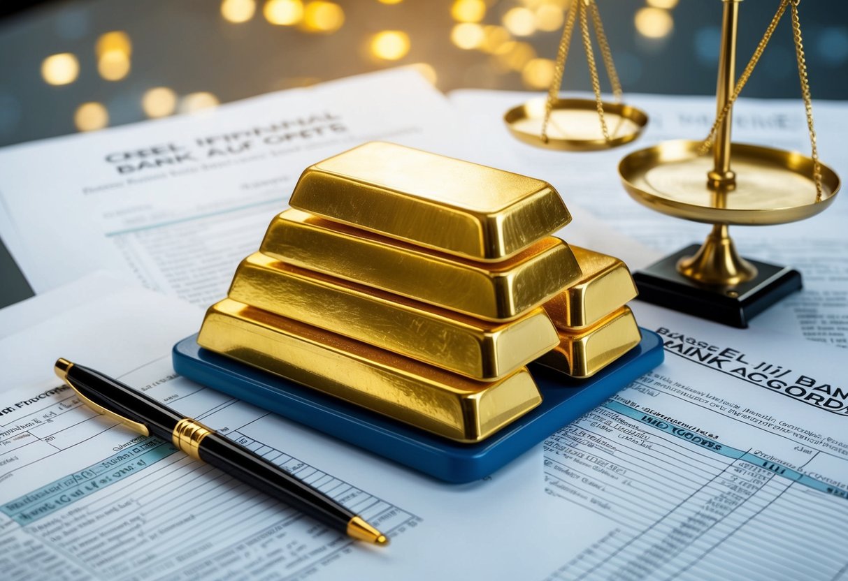 A stack of gold bars surrounded by financial documents and a scale, symbolizing the impact of Basel III Bank Accords on the value of gold