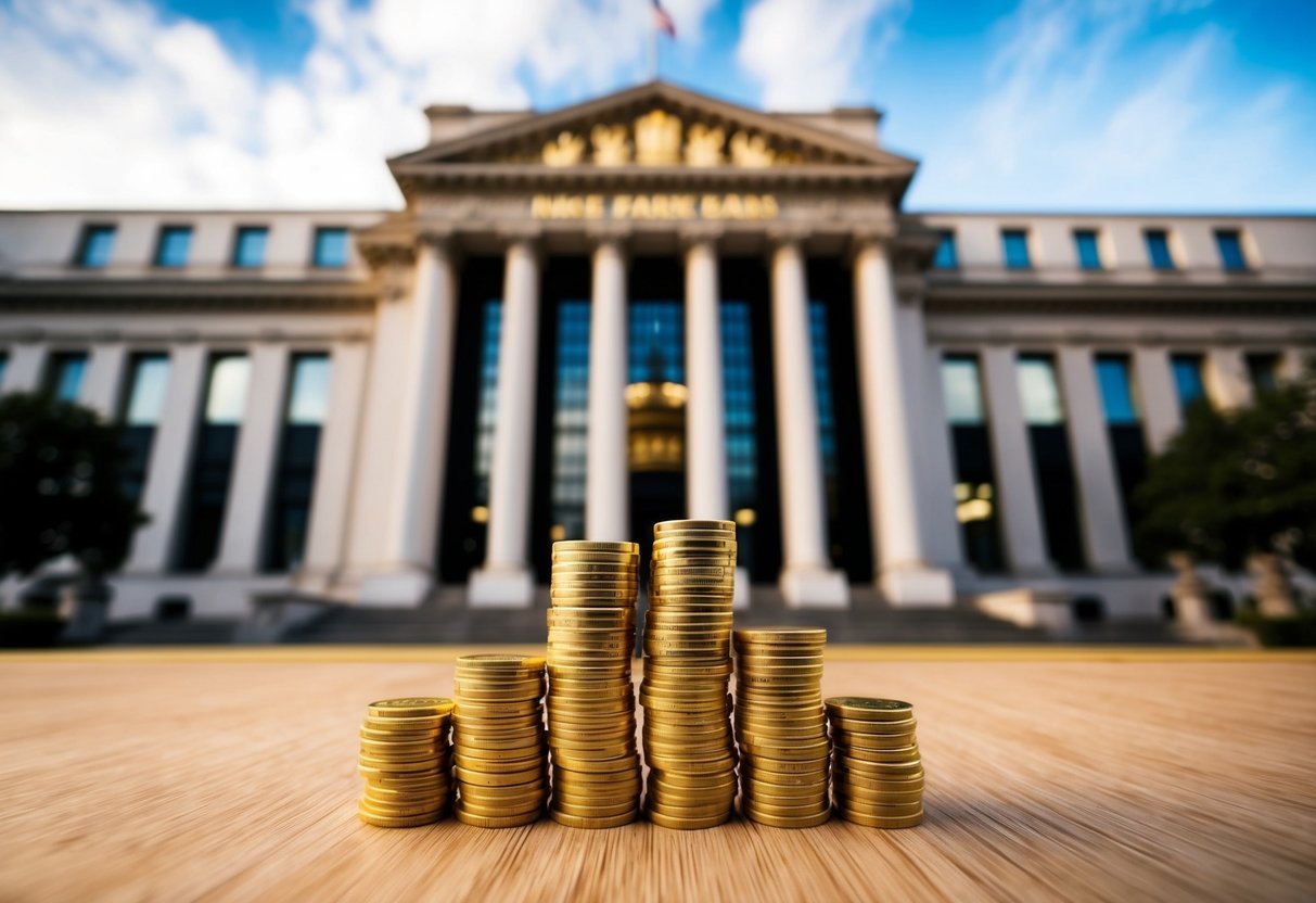 A grand bank building with gold bars stacked in the foreground, symbolizing the impact of Basel III Accords on the global economy