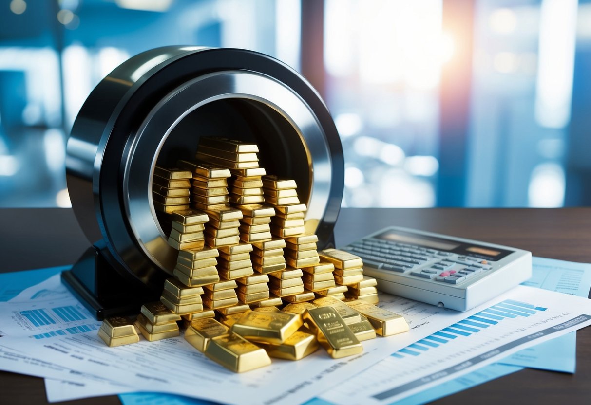 A bank vault filled with gold bars, surrounded by financial documents and charts