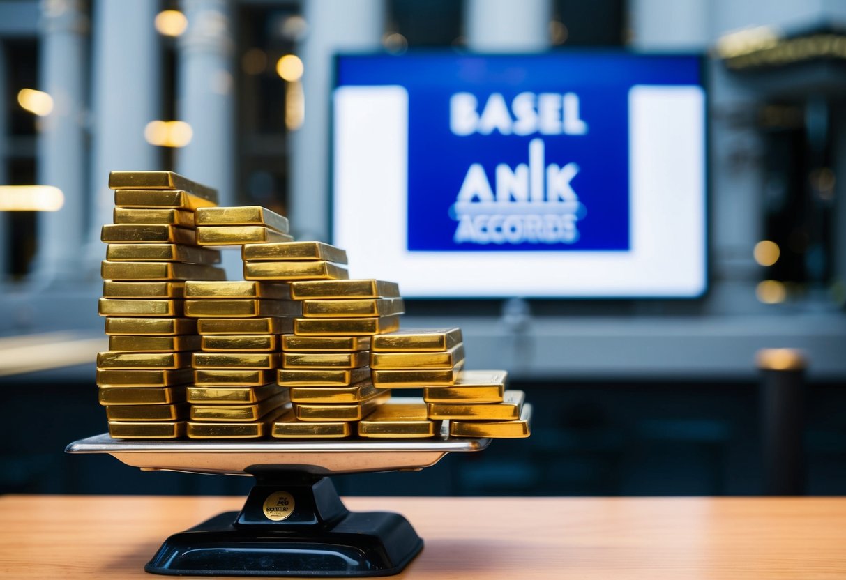 A stack of gold bars on a scale, with a bank building in the background and the Basel III accords displayed on a screen