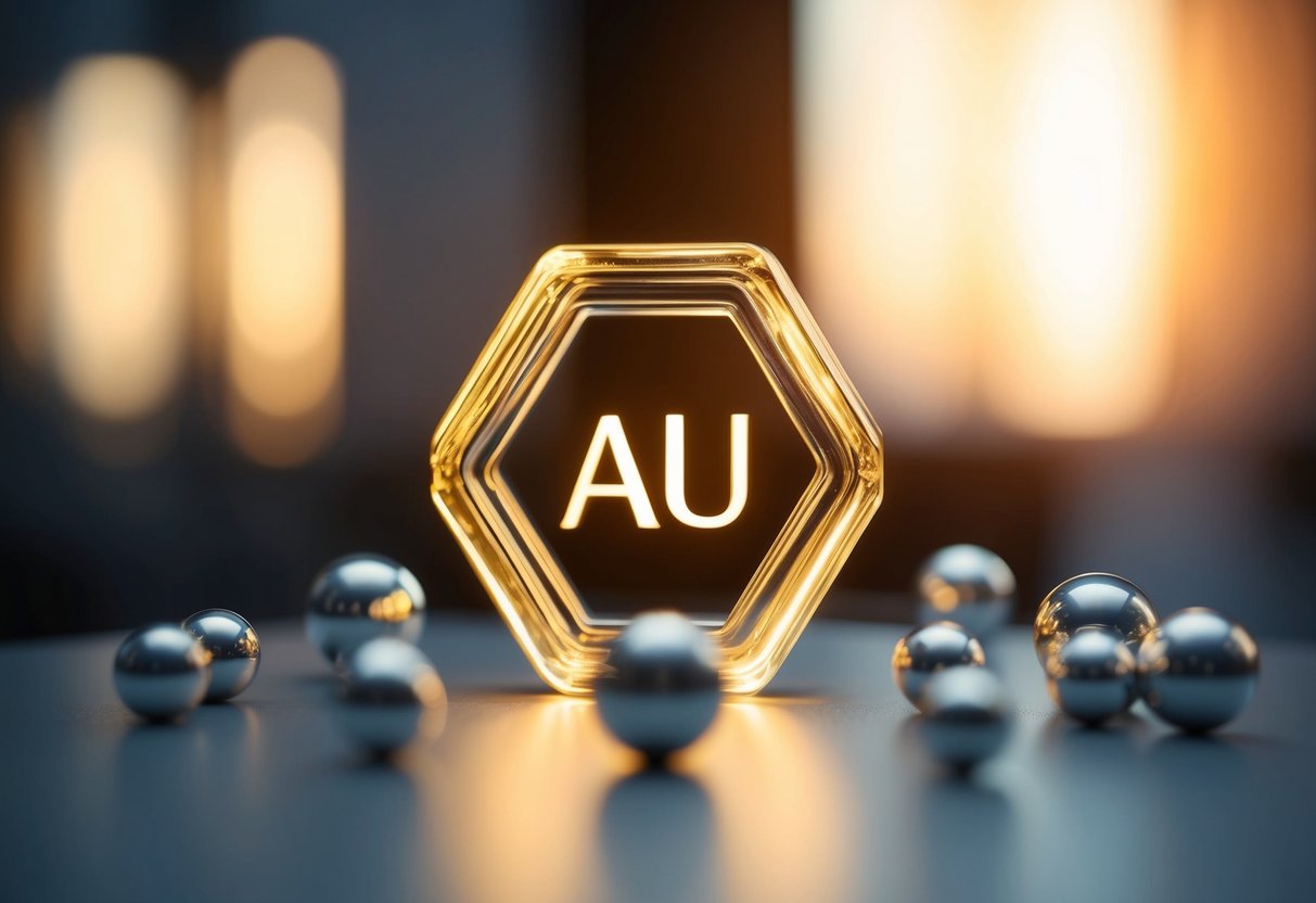 A glowing gold chemical symbol (Au) surrounded by silver elements in a scientific setting