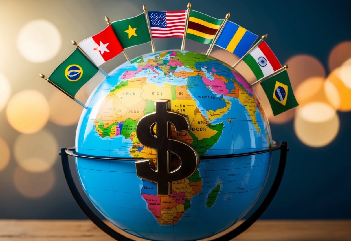 A globe with the flags of BRICS nations rising up while the US dollar symbol sinks down