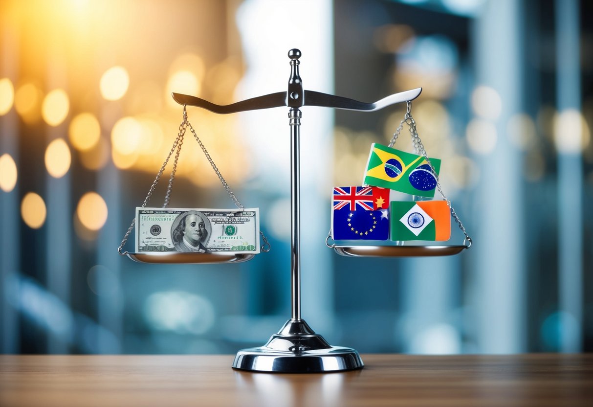 A scale with the US dollar on one side and the currencies of Brazil, Russia, India, China, and South Africa on the other, tilting towards the BRICS currencies