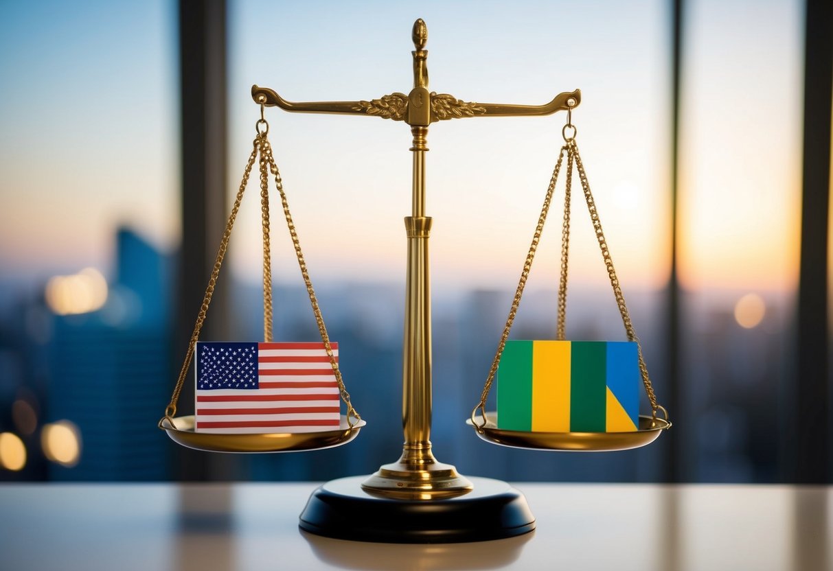 A scale with the US dollar on one side and the BRICS nations on the other, tilting in favor of BRICS