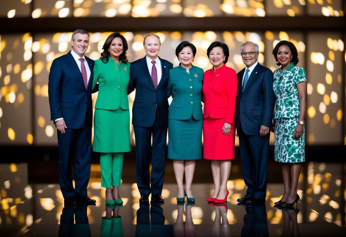 A group of five powerful nations (Brazil, Russia, India, China, and South Africa) stand together, symbolizing their collective influence on the global economy