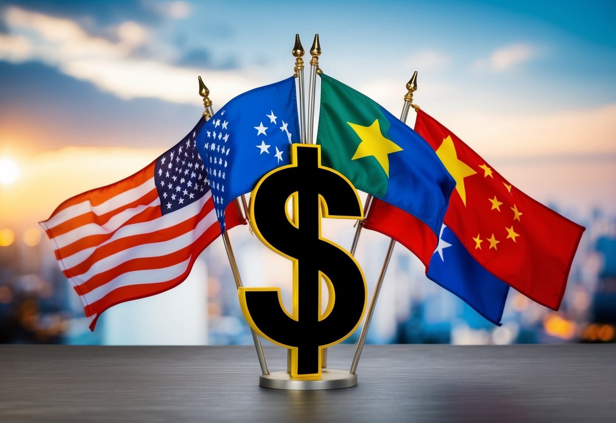 A group of BRICS nation flags overshadowing a diminishing US dollar symbol