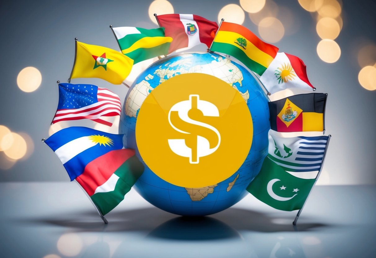 A globe with BRICS nations' flags surrounding a fading US dollar symbol