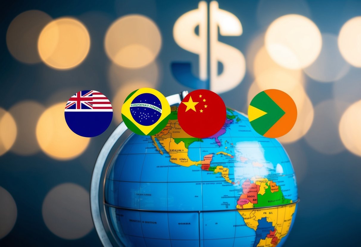 A globe with the BRICS nations (Brazil, Russia, India, China, South Africa) highlighted, while the US Dollar symbol fades in the background