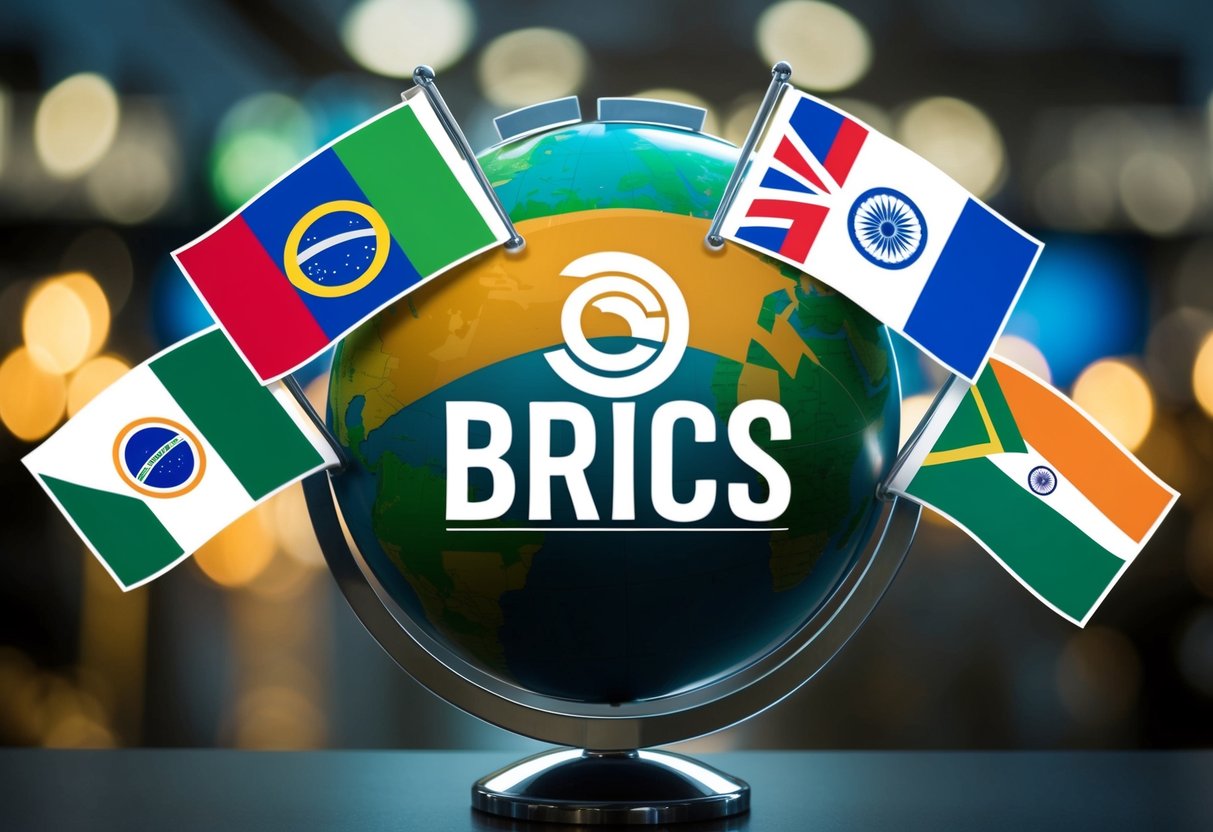 A globe with the flags of Brazil, Russia, India, China, and South Africa surrounding it, while the US Dollar symbol is overshadowed by the BRICS logo