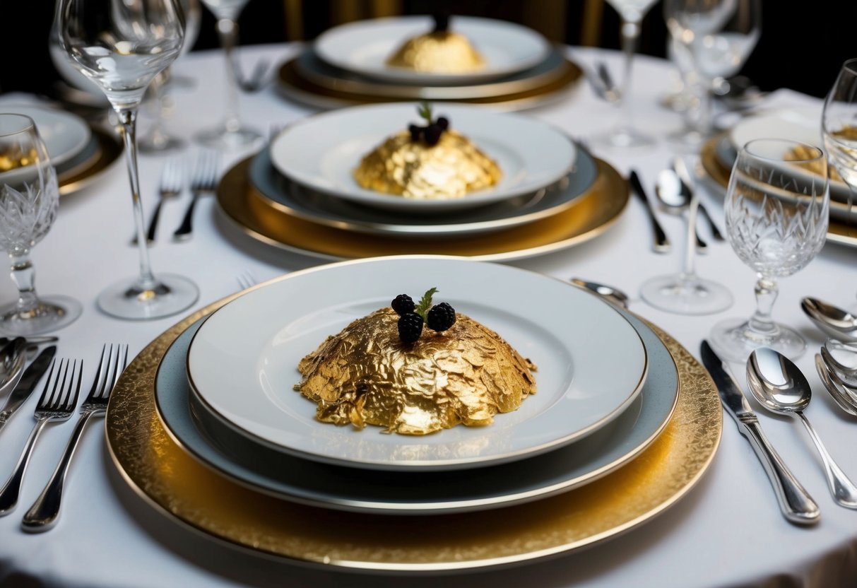 A luxurious dining table adorned with edible gold leaf on gourmet dishes, surrounded by shimmering silver cutlery and glassware