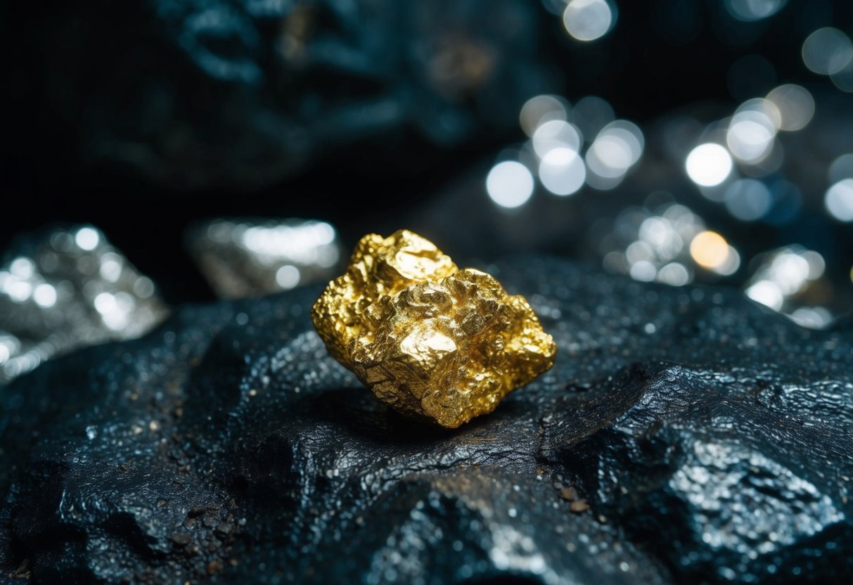 A shimmering gold nugget sits untouched in a dark, rocky cavern, surrounded by glimmering silver ore