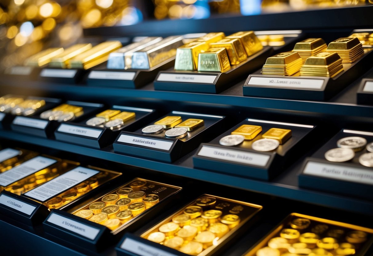 A display of gold and silver coins and bars with accompanying informational plaques