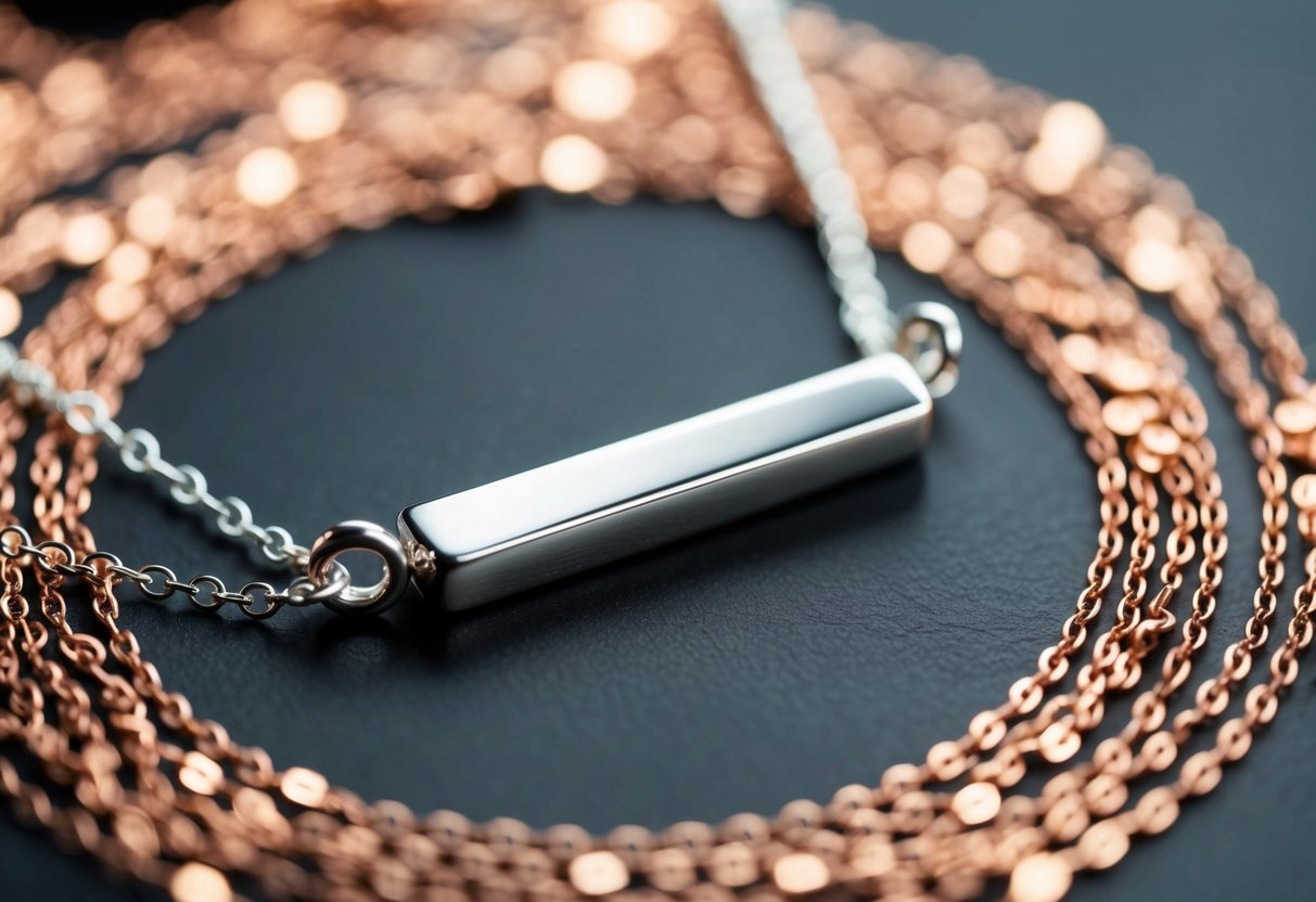 A gleaming sterling silver necklace with a delicate chain and a pendant in the shape of a silver bar, surrounded by a shimmering halo of copper