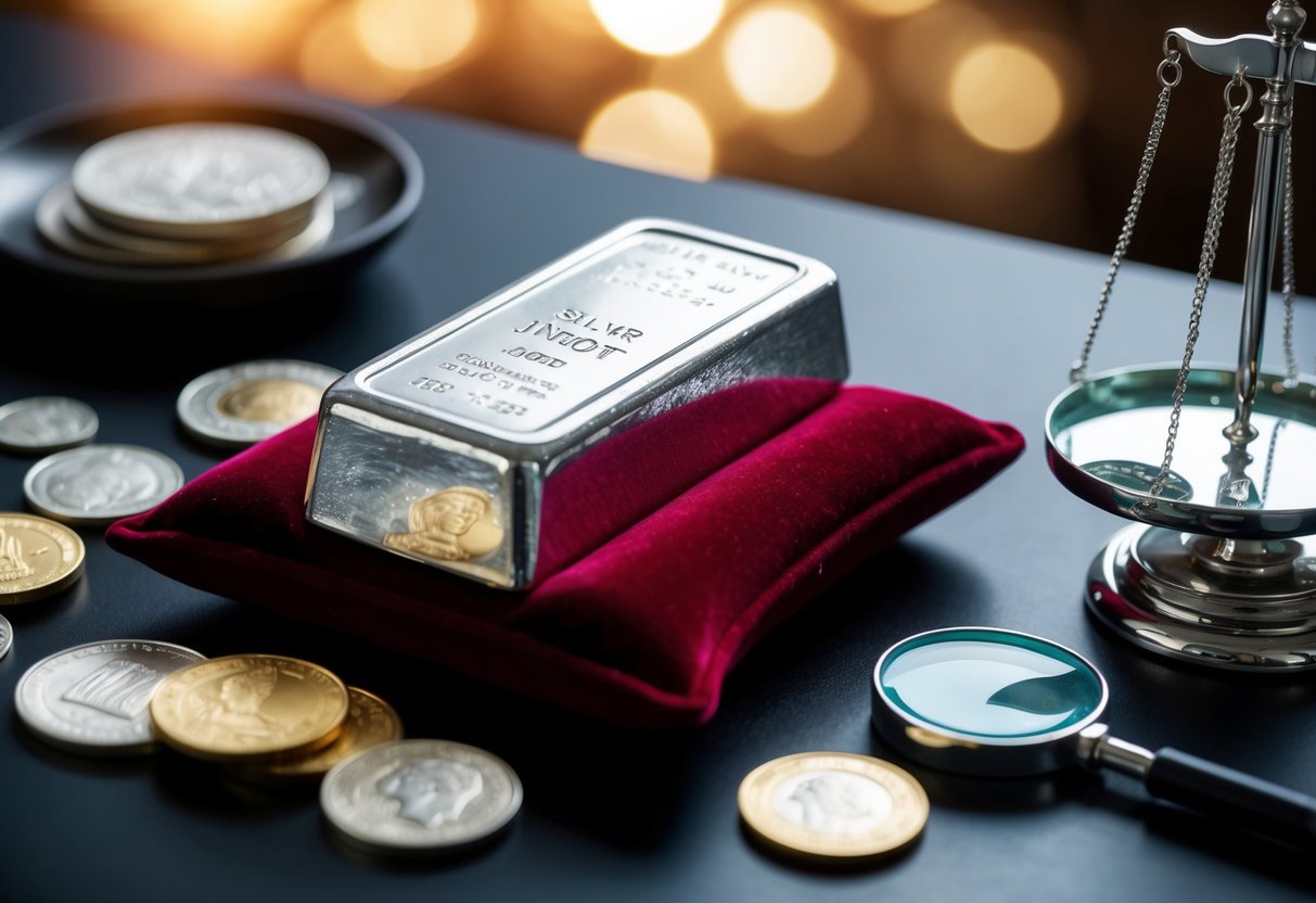 A silver ingot resting on a velvet cushion, surrounded by gleaming coins and jewelry. A scale and magnifying glass sit nearby for examination