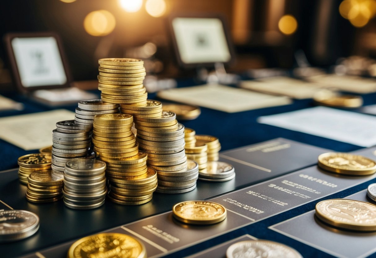 A pile of shimmering gold and silver coins arranged in a historical timeline, surrounded by artifacts and documents showcasing their significance