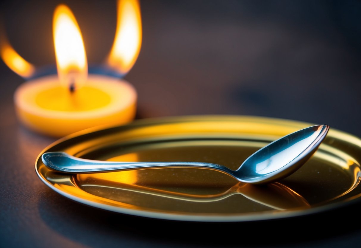 A silver spoon resting on a gold tray, both glistening under the warm glow of a candle flame