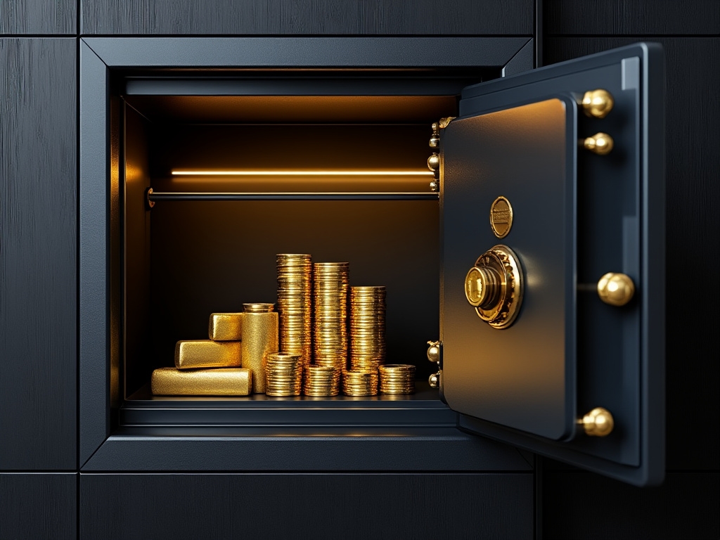 safe with gold coins and gold bars