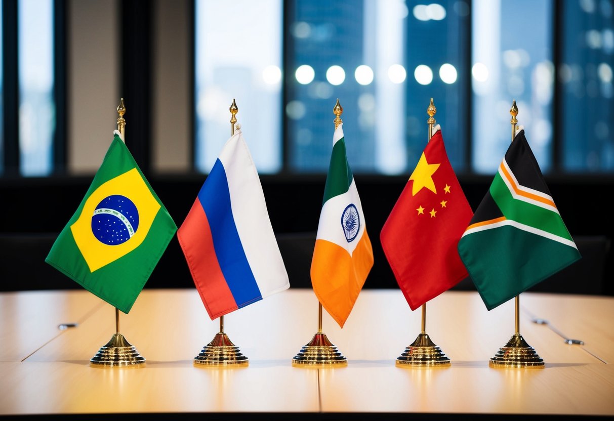 Flags of Brazil, Russia, India, China, and South Africa displayed together on a conference table. BRICS