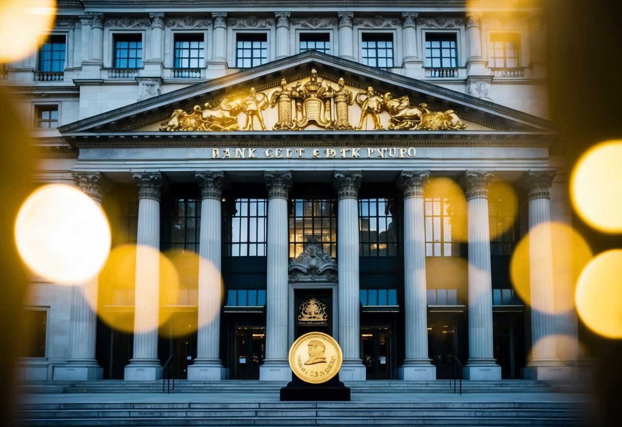 A grand, ornate bank building with a shining gold bullion prominently displayed in the center, symbolizing the re-establishment of gold as a Tier 1 asset under Basel III Bank Accords