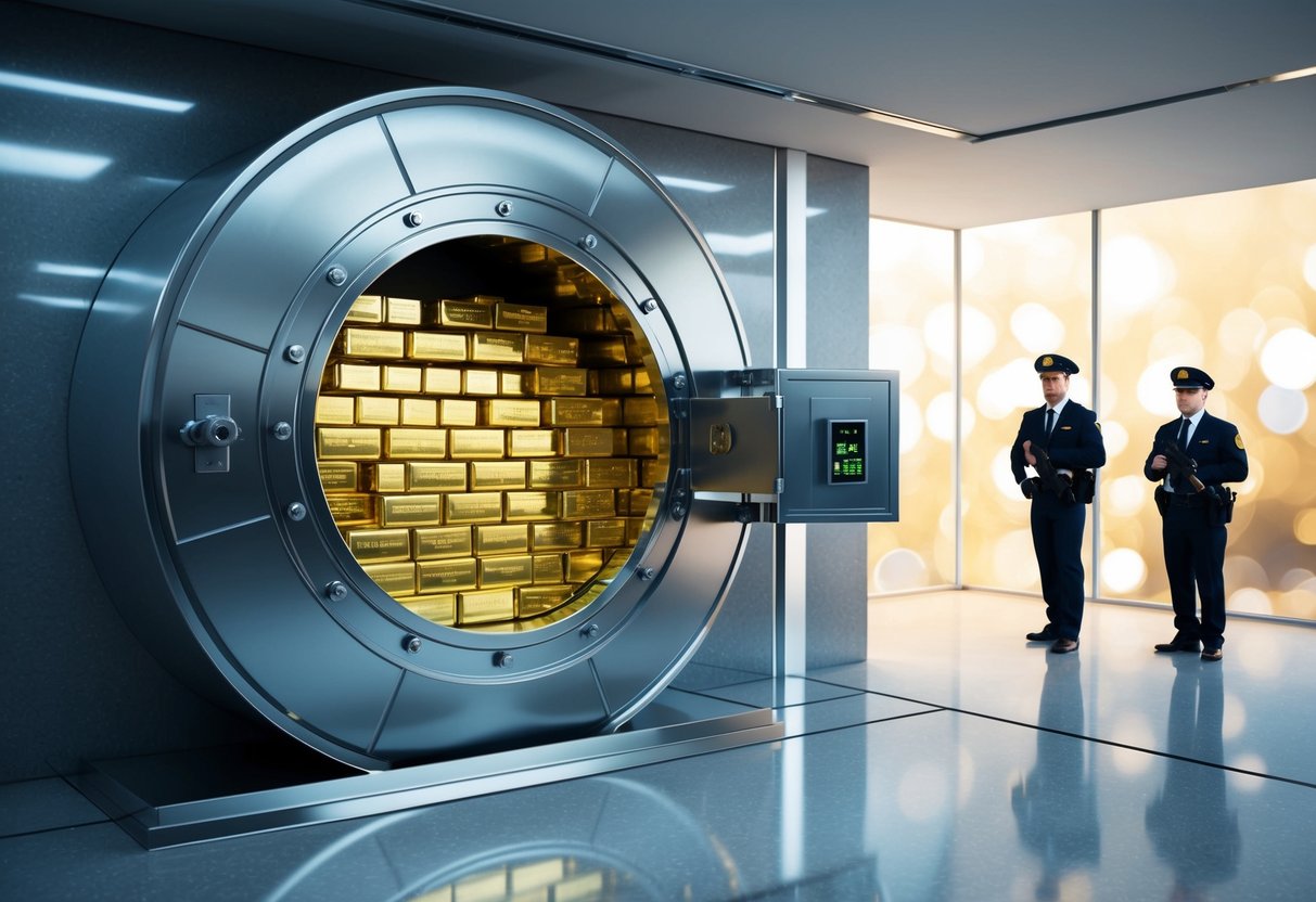 A modern bank vault filled with gold bars, guarded by security cameras and armed personnel. Basel III