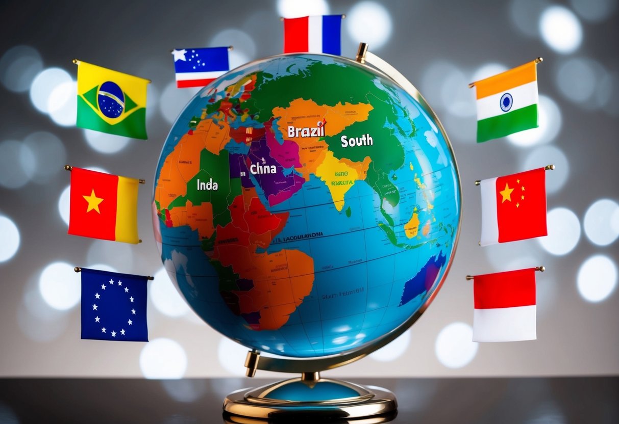 A globe with Brazil, Russia, India, China, and South Africa highlighted in different colors, surrounded by flags of each country