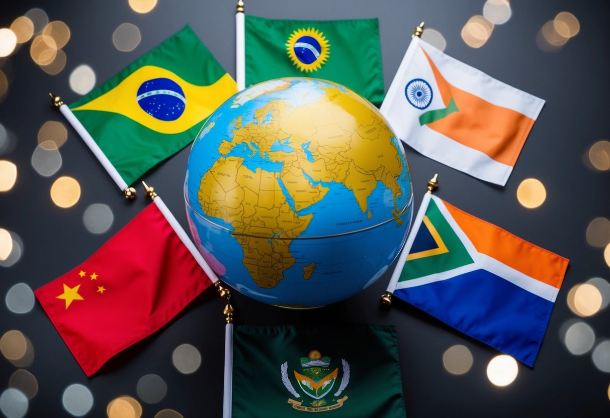 A globe surrounded by the flags of Brazil, Russia, India, China, and South Africa. BRICS