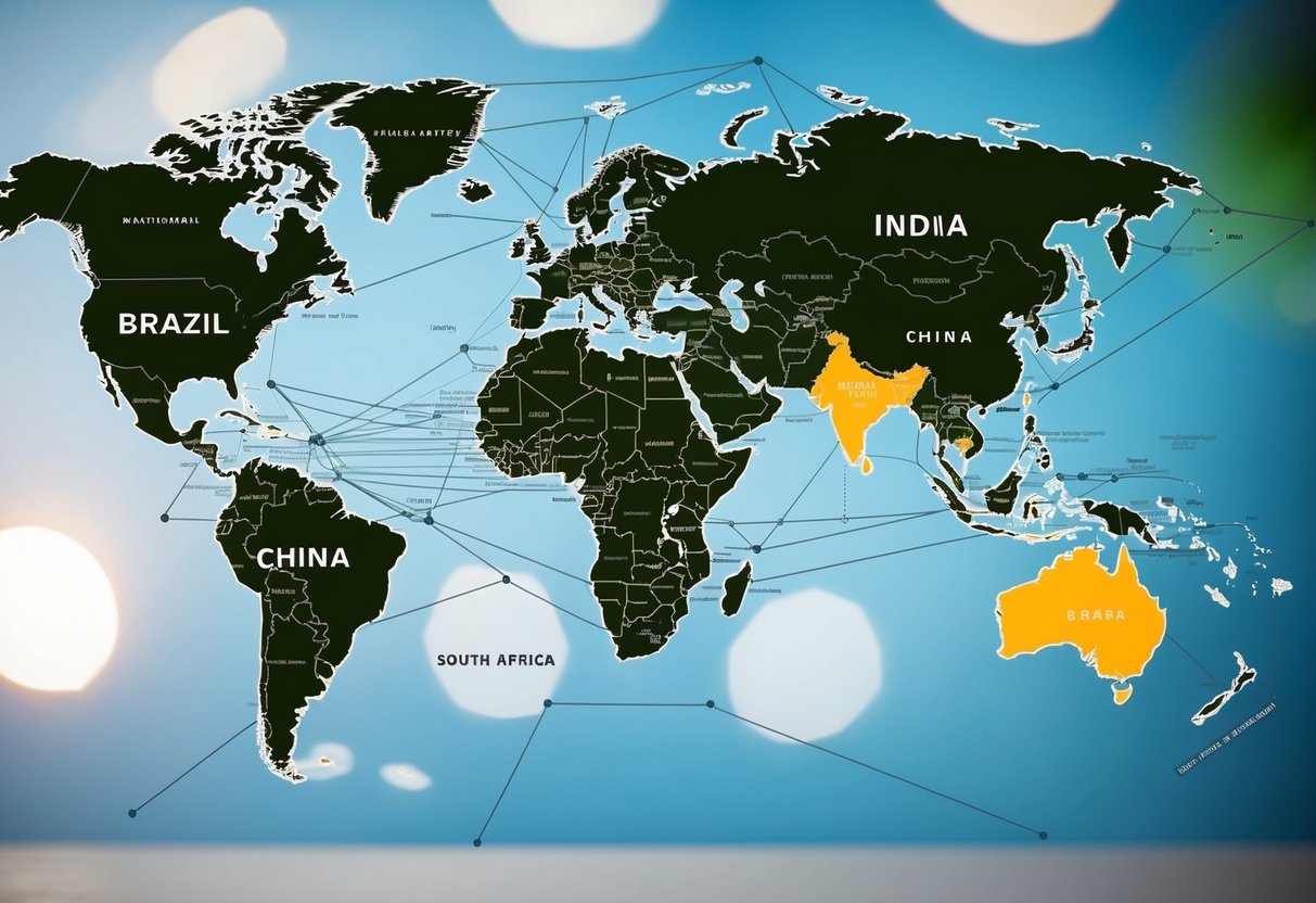 A map showing Brazil, Russia, India, China, and South Africa interconnected by lines