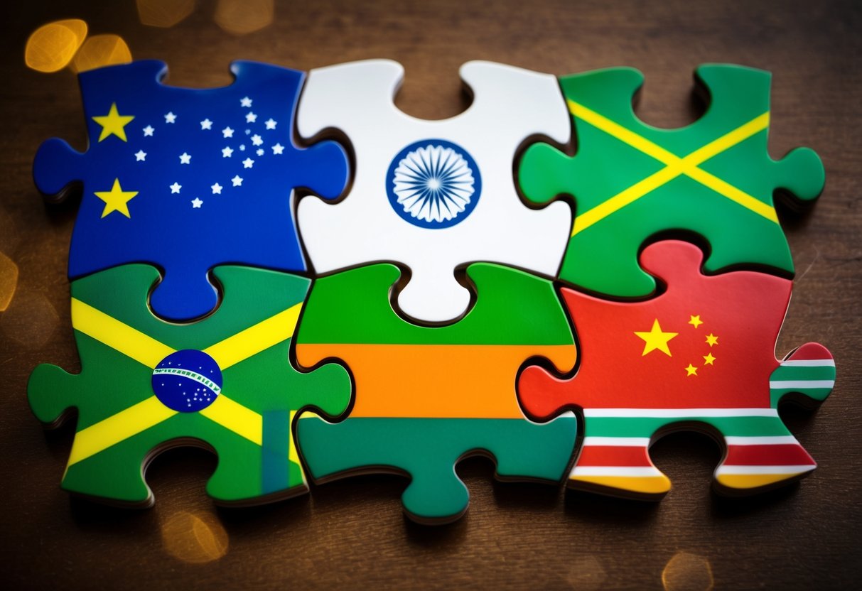 A group of five interconnected puzzle pieces representing Brazil, Russia, India, China, and South Africa, arranged together in a unified formation