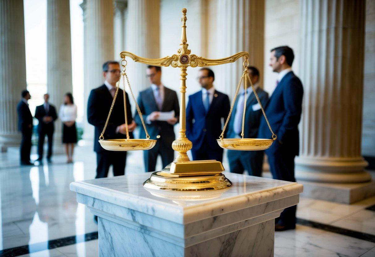 A grand golden scale sits atop a marble pedestal, flanked by towering columns. A group of bankers confer in the background, while a shining gold bar rests on the scale