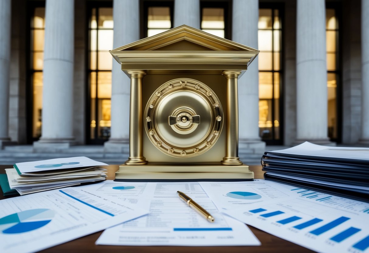 A grand, ornate bank building with columns and a gold vault, surrounded by financial documents and charts