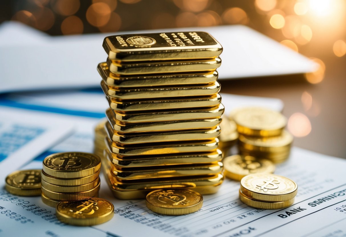 A stack of gold bars surrounded by financial documents and bank symbols