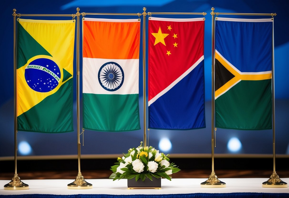 Flags of Brazil, Russia, India, China, and South Africa flying together at a summit