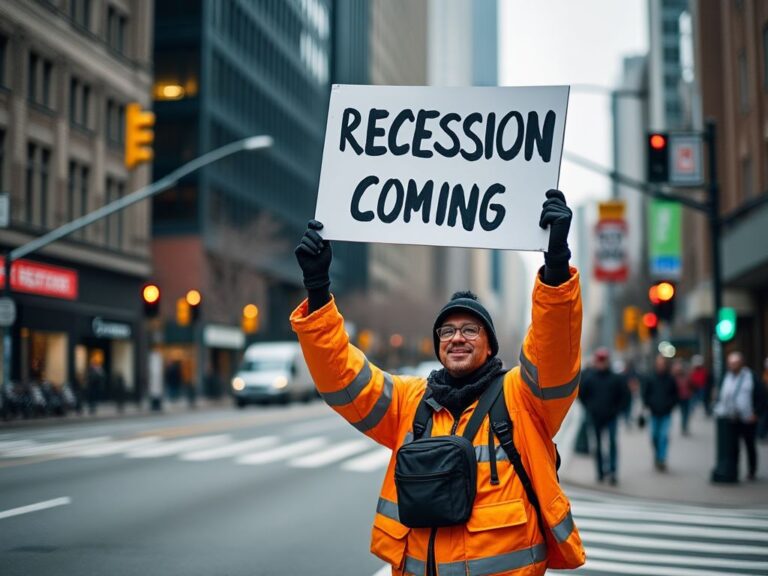 a man holding a sign that says recession coming