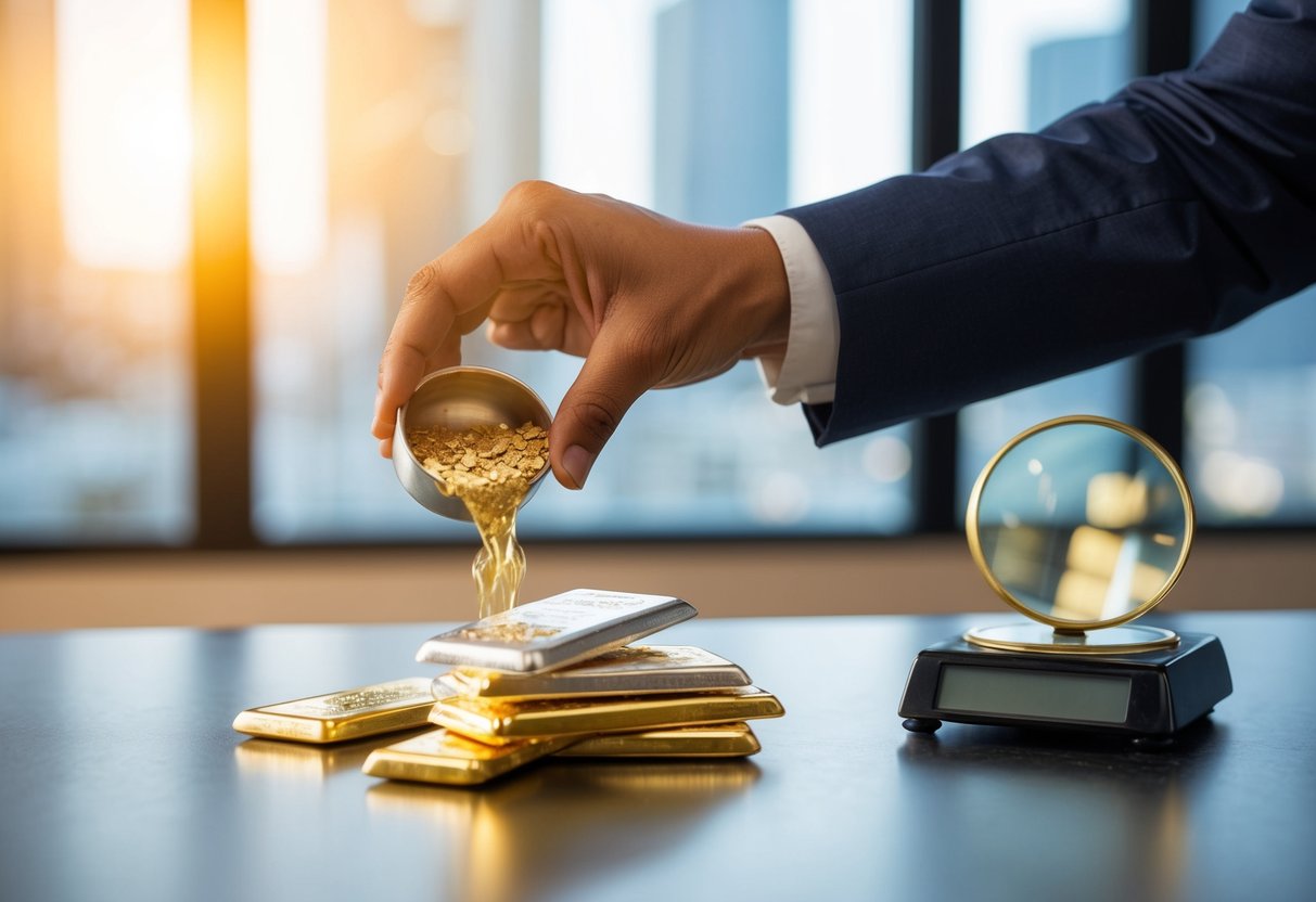 A hand pouring gold and silver bars onto a table, with a scale and magnifying glass nearby