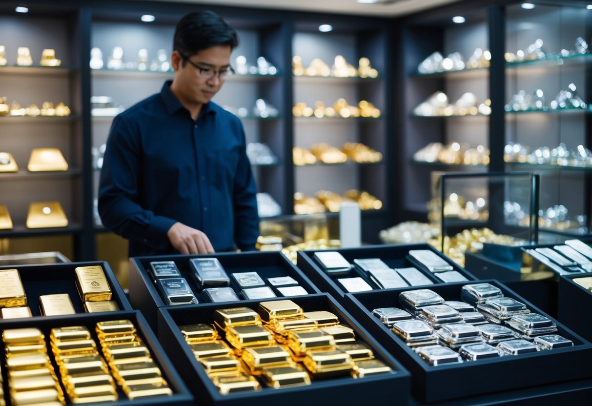 A person browsing a variety of precious metals, including gold, silver, and platinum, displayed in a secure and well-lit showroom