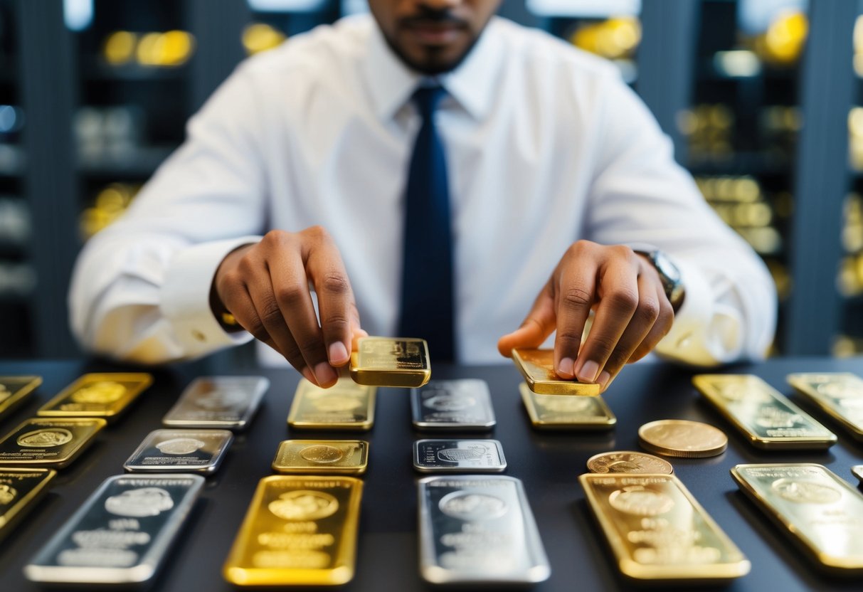 A person browsing through a selection of gold, silver, and platinum bars and coins at a secure and professional precious metals dealer