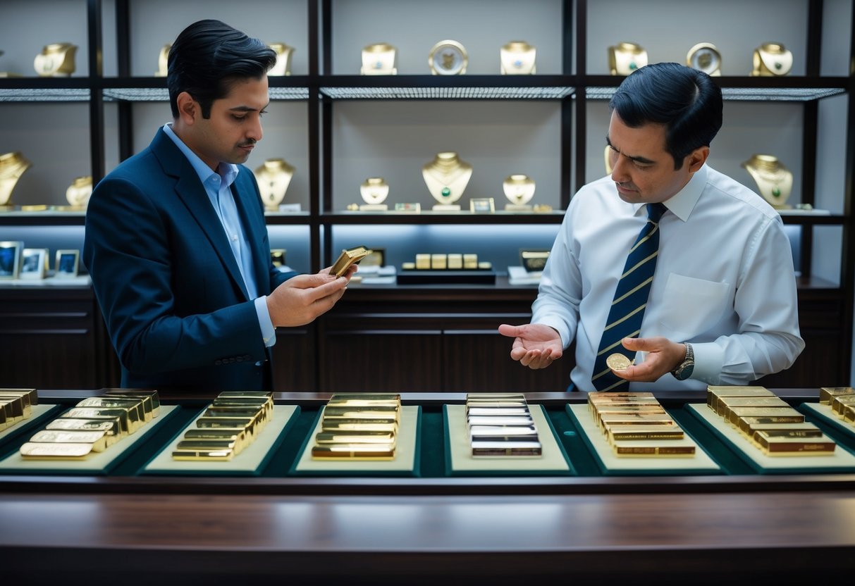 A customer examines various precious metals displayed on a counter while a dealer explains the buying process. Shelves behind them showcase additional items