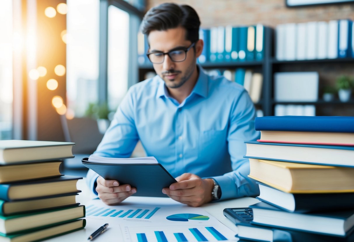 A person researching investment strategies surrounded by books and charts, with a focus on purchasing precious metals