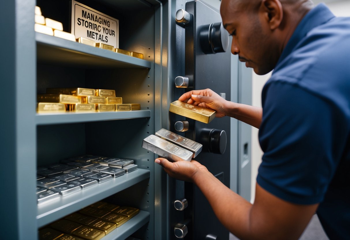 A person carefully placing gold and silver bars into a secure safe, with shelves lined with various precious metals and a sign reading "Managing and Storing Your Metals."