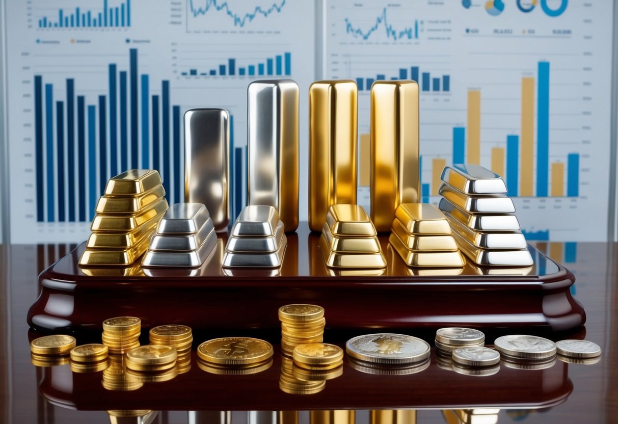 An elegant display of gold, silver, and platinum bars and coins arranged on a polished wooden table with a backdrop of financial charts and graphs